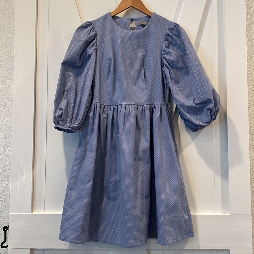 Lichi Blue White Puff Sleeve Polka Dot Dress Size Medium